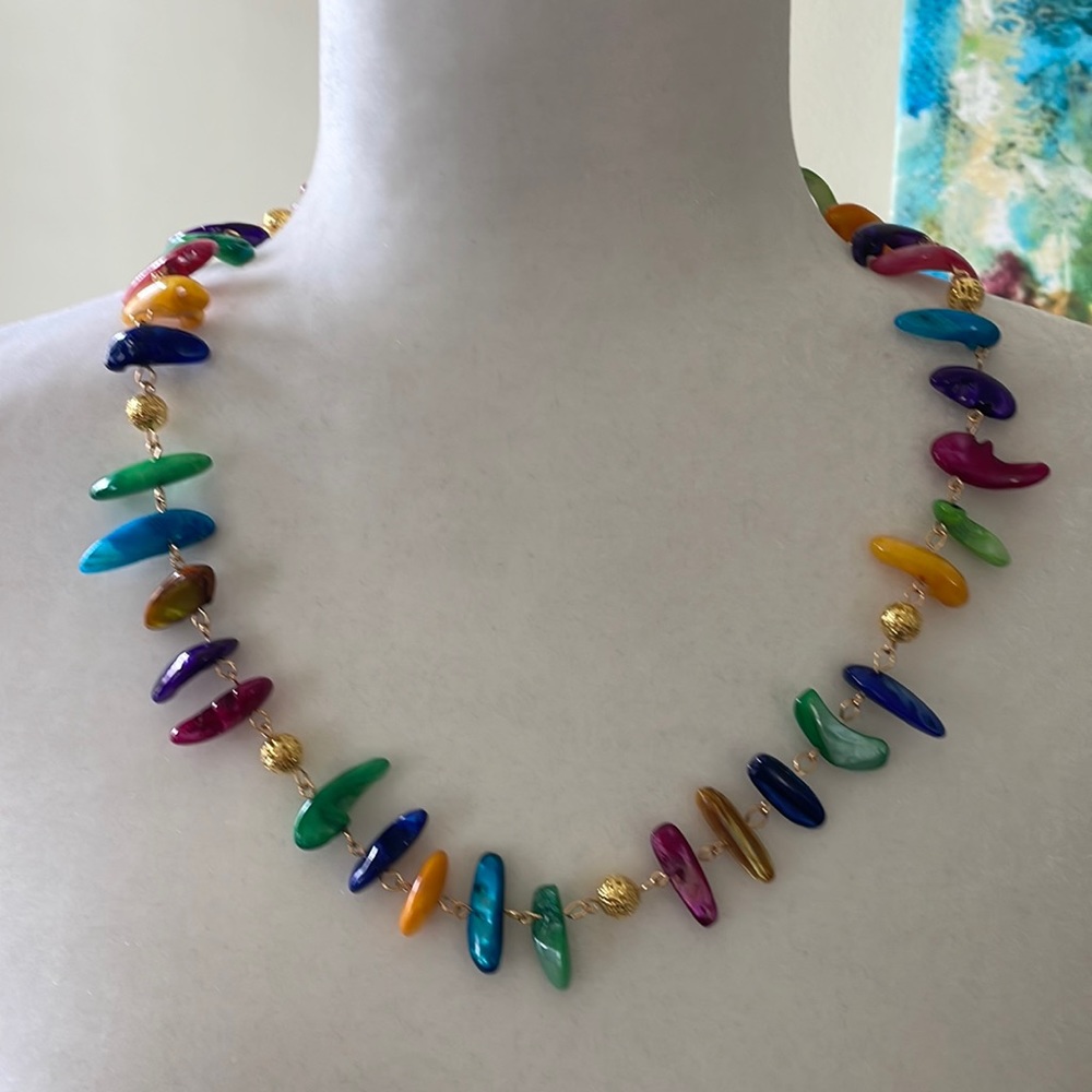 HAND CRAFTED STATEMENT NECKLACE Boho Multicolored Mother of Pearl Seashell Gold
